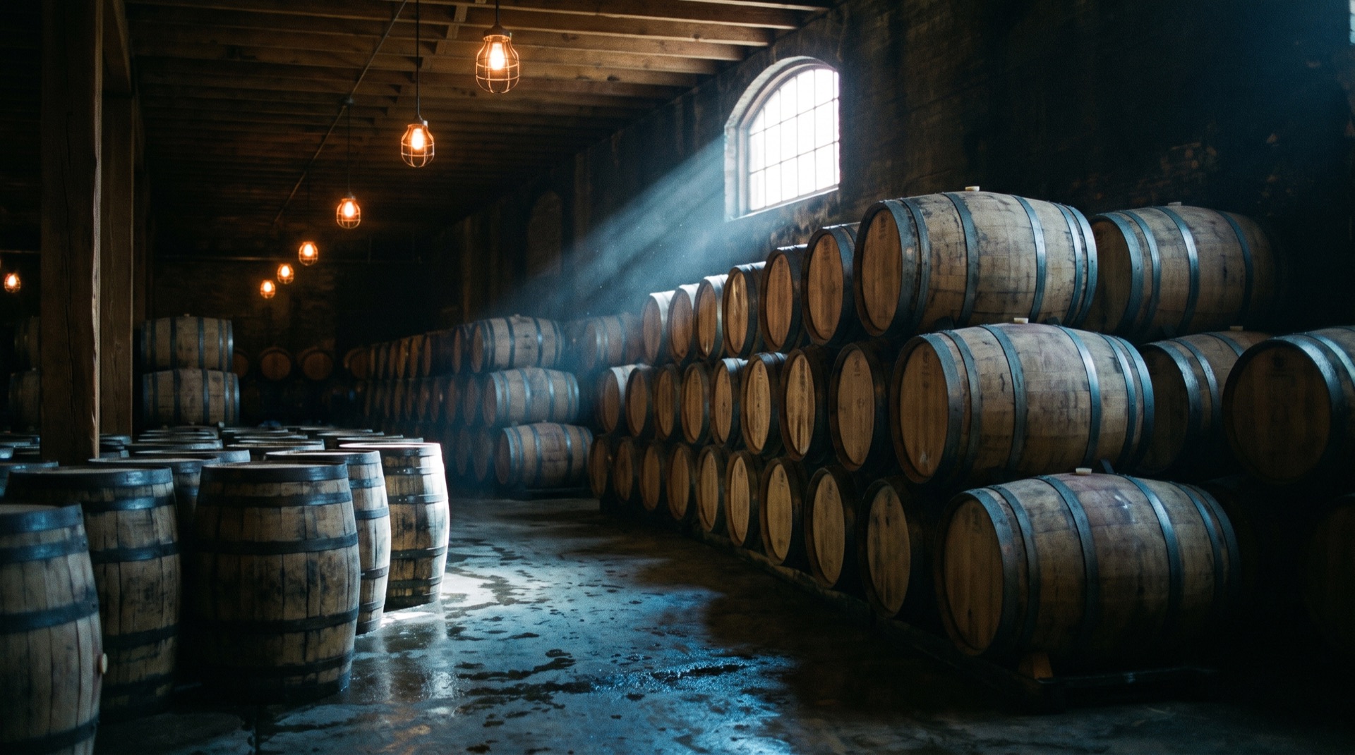 The barrel room: rows of oak barrels in the dark, one shaft of daylight across the dust.