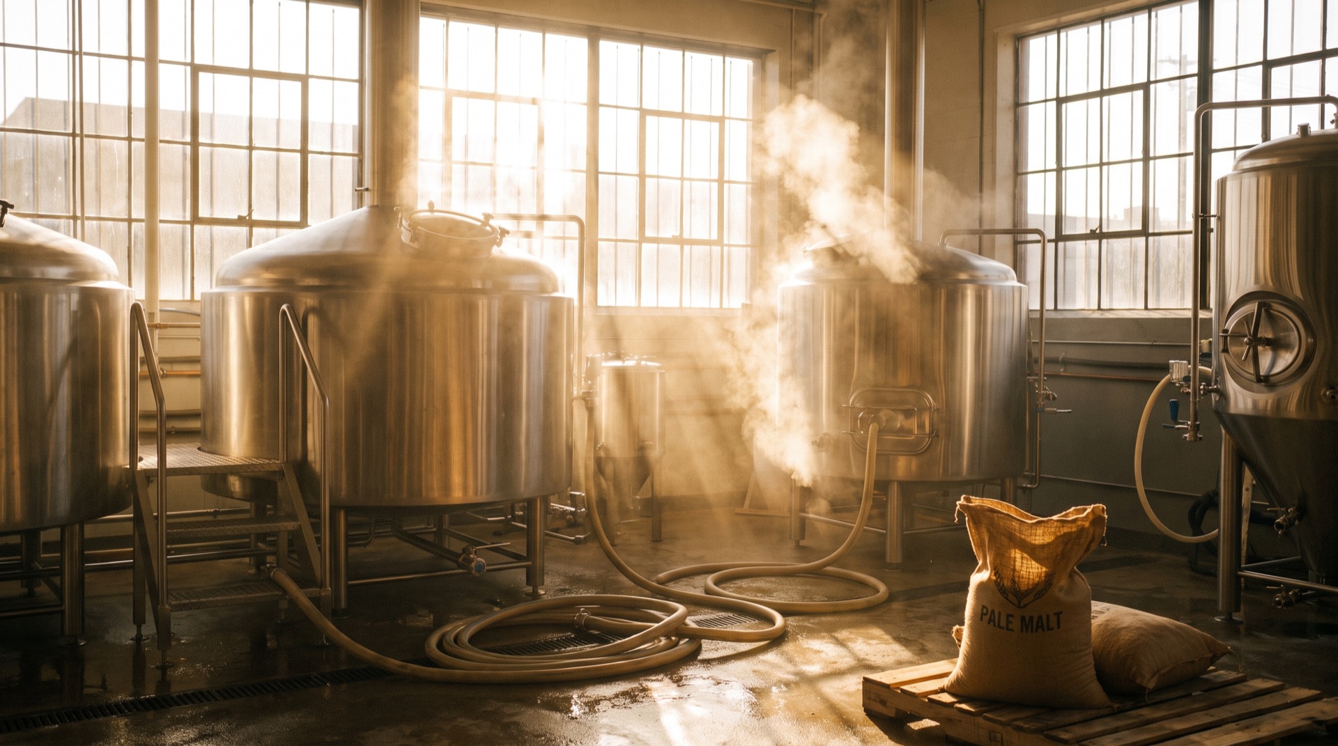 The brewhouse: stainless mash tun and kettle, steam catching shafts of morning daylight.