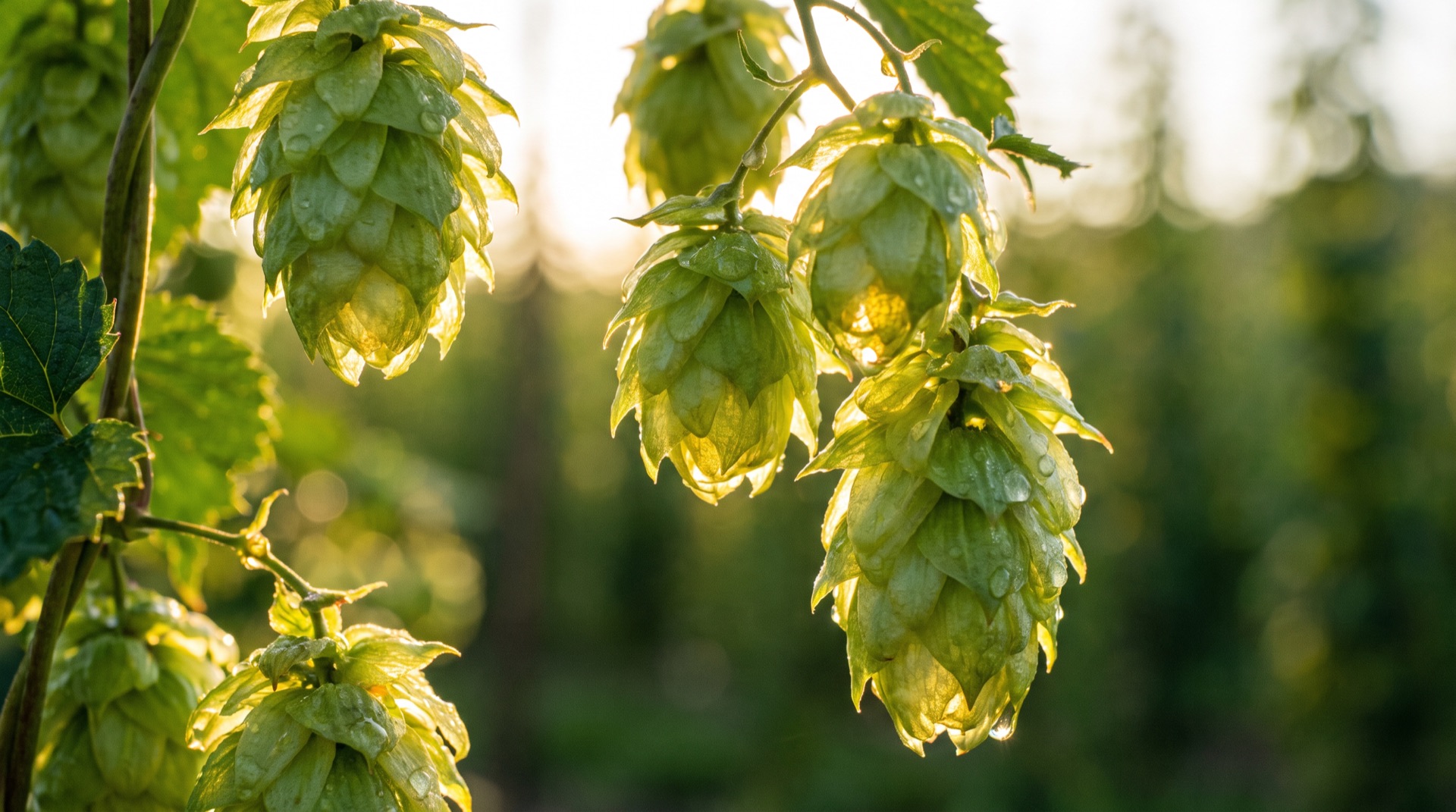 Whole Northwest hop cones on the bine, backlit and wet with dew.